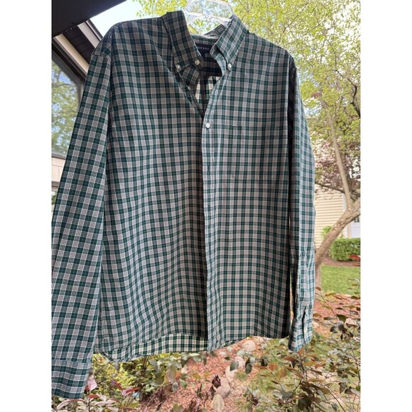 Land’s End Button Up Shirt Men's Large 16-16 1/2 Green Plaid With Pocket - Picture 1 of 7